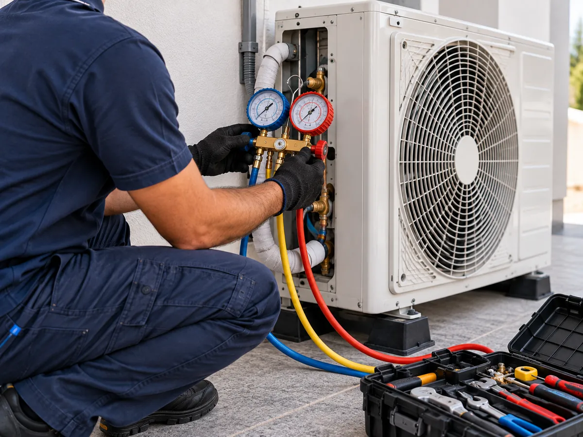 Técnico da MC executando manutenção de ar-condicionado